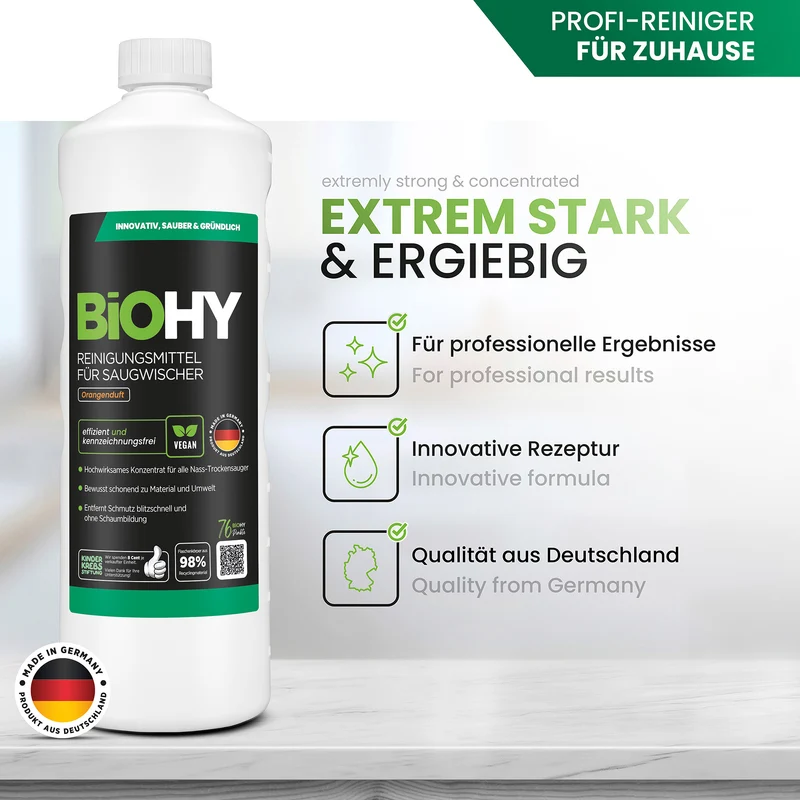 BiOHY détergent pour raclettes aspirantes, nettoyant pour aspirateurs eau et poussières, entretien des sols, nettoyant